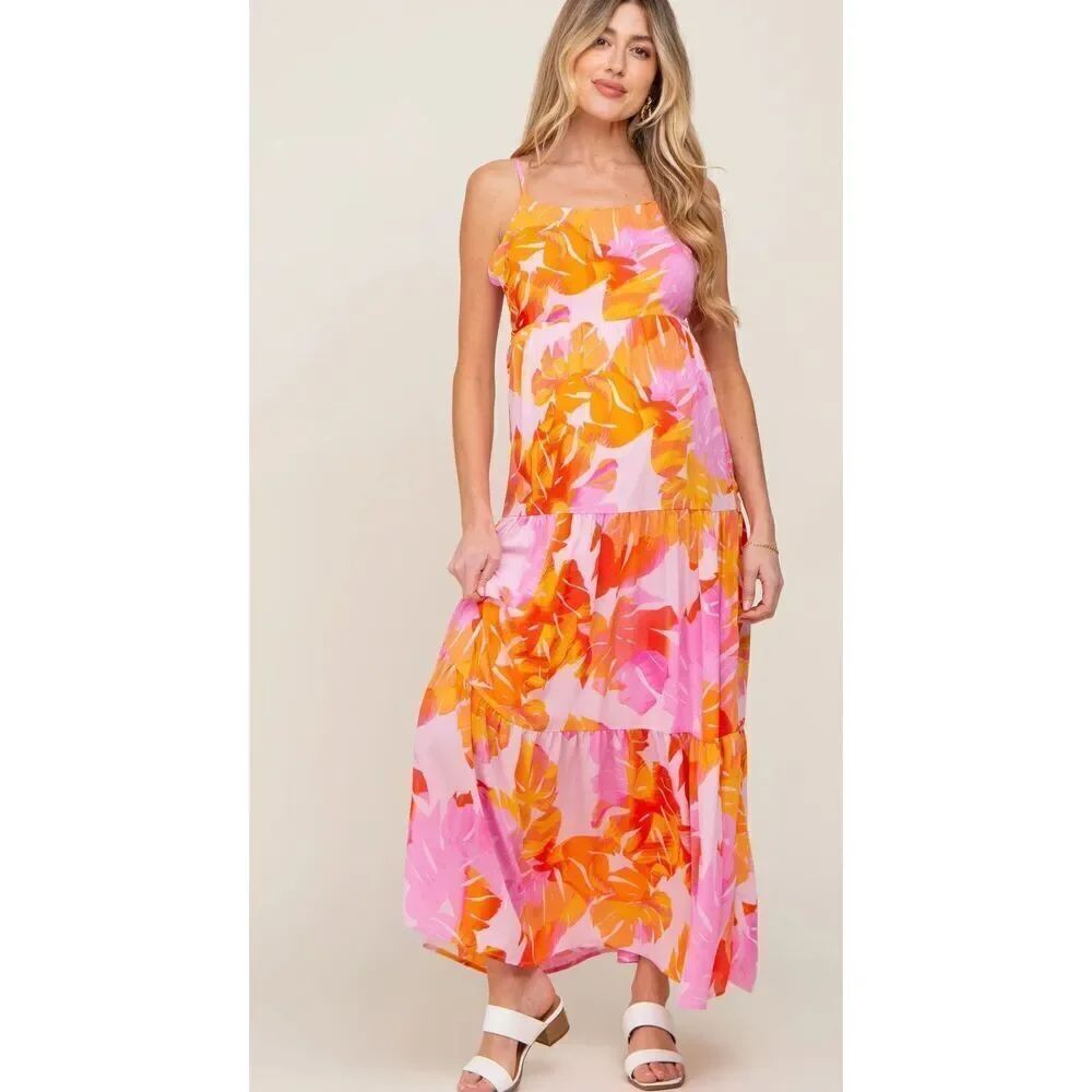 Pinkblush En Creme Pink Floral Tiered Sleeveless Maternity Maxi Dress Nwt Size L